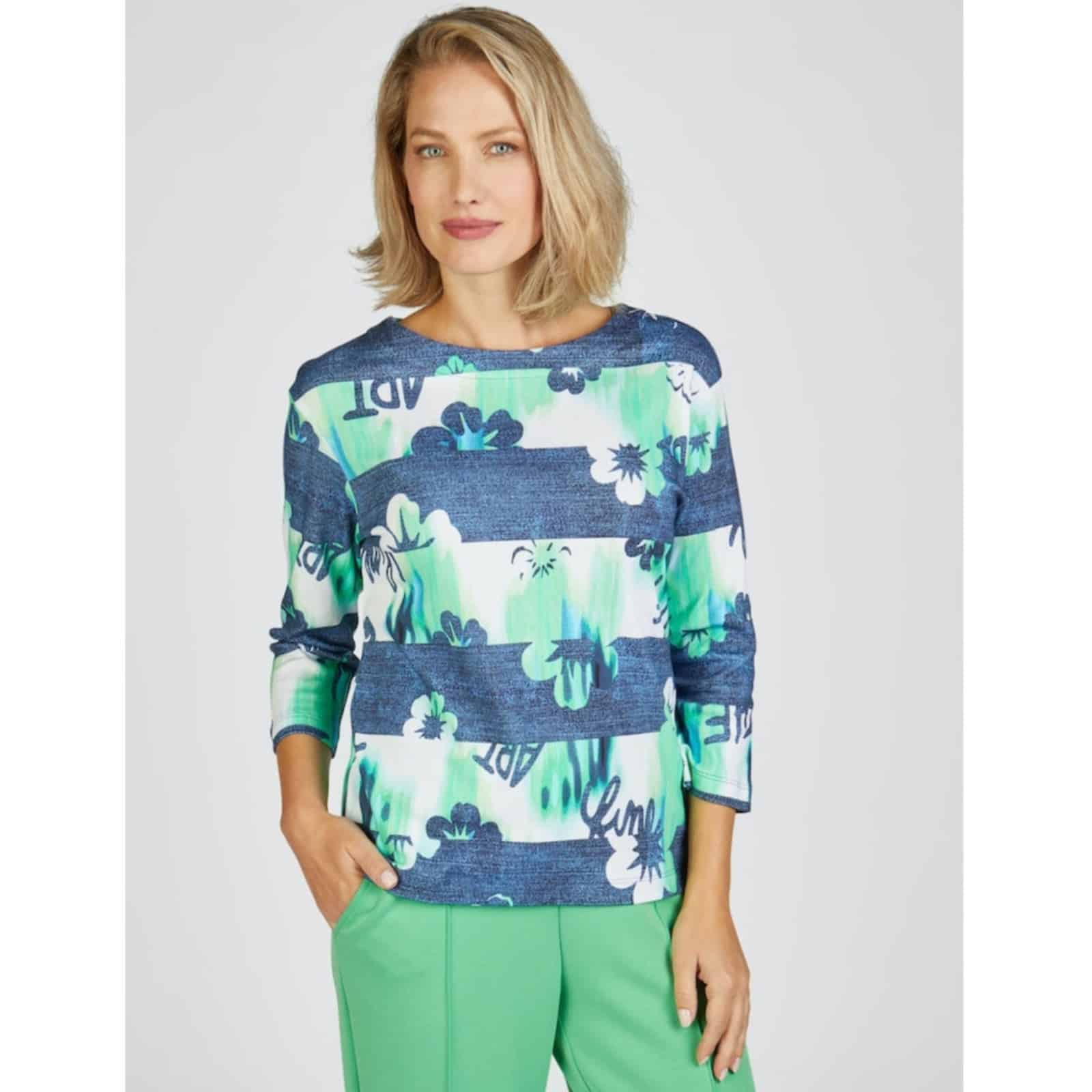 Sweatshirt gestreift mit Blumenmuster in Blau- und Grüntönen, 3/4 Arm und Rundhals Artikel 52-114353