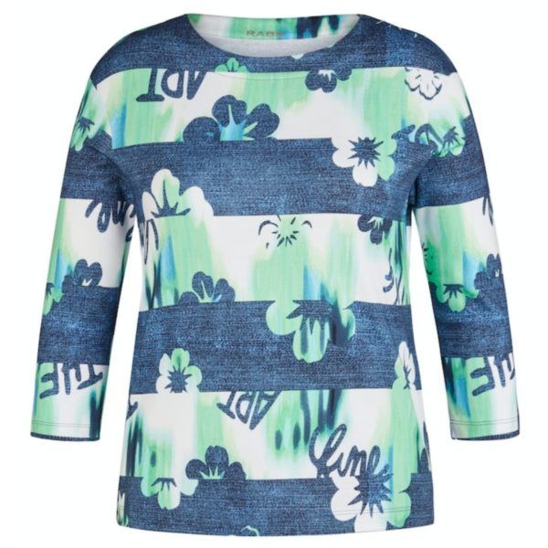Sweatshirt gestreift mit Blumenmuster in Blau- und Grüntönen, 3/4 Arm und Rundhals Artikel 52-114353 von Rabe Moden