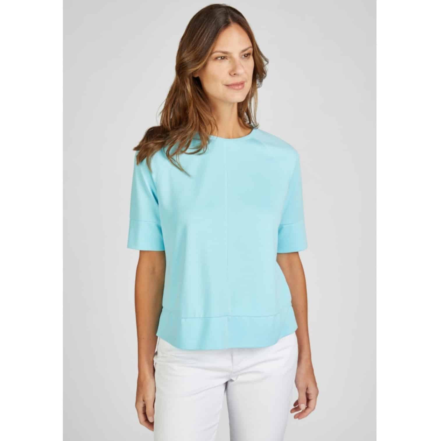 Einfarbiges T-Shirt für Damen in weicher Qualität, fließendes Material in türkis Artikel 52-123300 von Rabe Moden bei Mode Sabine Lemke in Winnenden im Remstal einkaufen