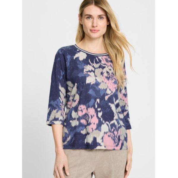 Imagebild: gemustertes Damenshirt mit 3/4 Arm in Blau mit Rosa und beige von Olsen Artikel 11105201 bei Mode Sabine Lemke in Winnenden im Remstal shoppen!