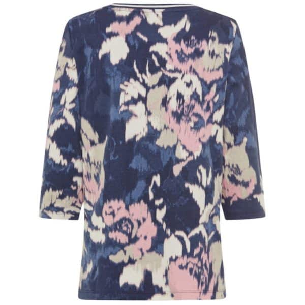 Rückansicht: gemustertes Damenshirt mit 3/4 Arm in Blau mit Rosa und beige von Olsen Artikel 11105201 bei Mode Sabine Lemke in Winnenden im Remstal shoppen!